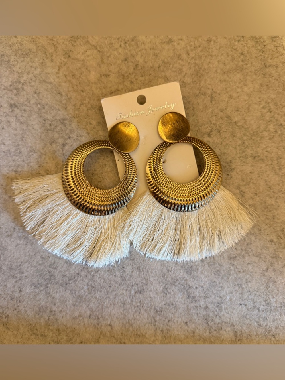 Gold Metal Circle Fringe Earrings in White